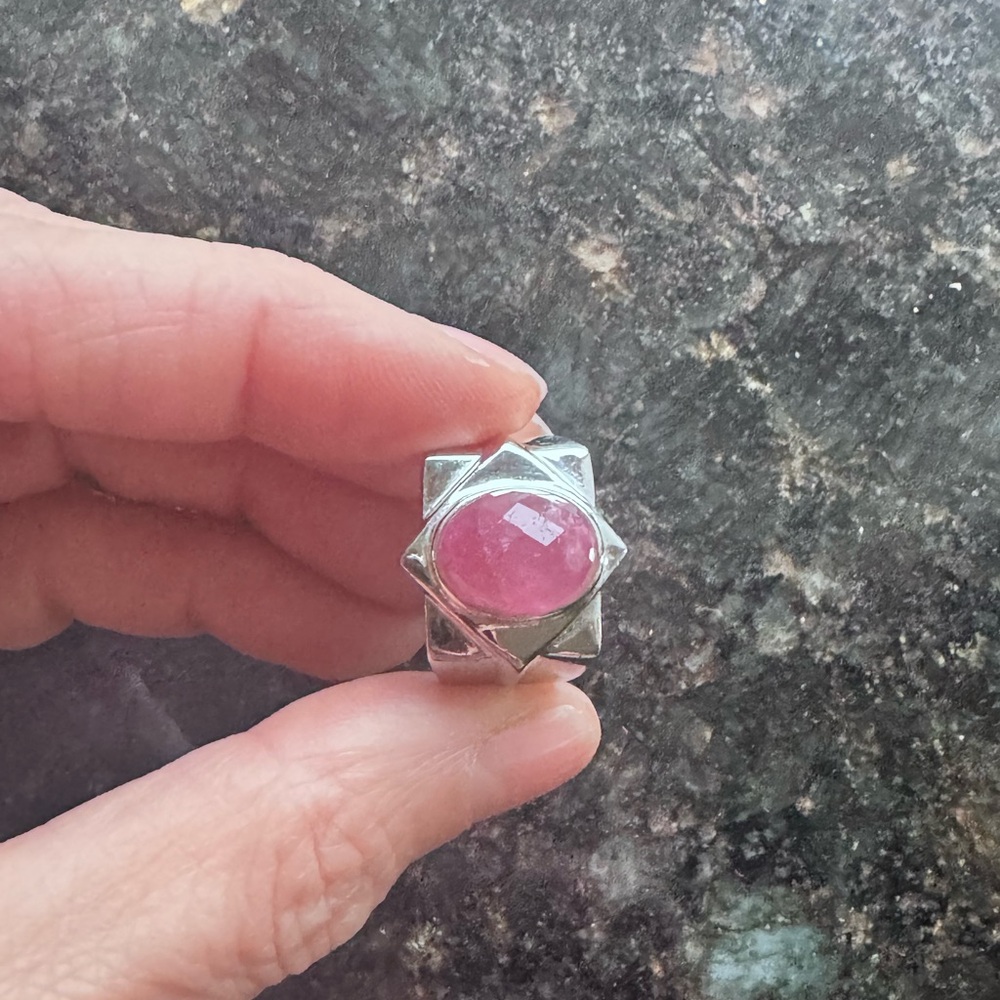 Geometric watermelon tourmaline, sterling silver 925 wide band, 6.5, weight 9.96
